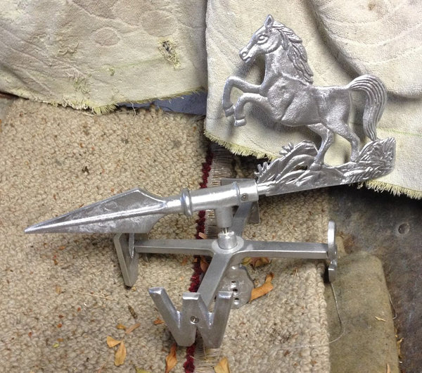 Hand-cast rearing horse weathervane in aluminium