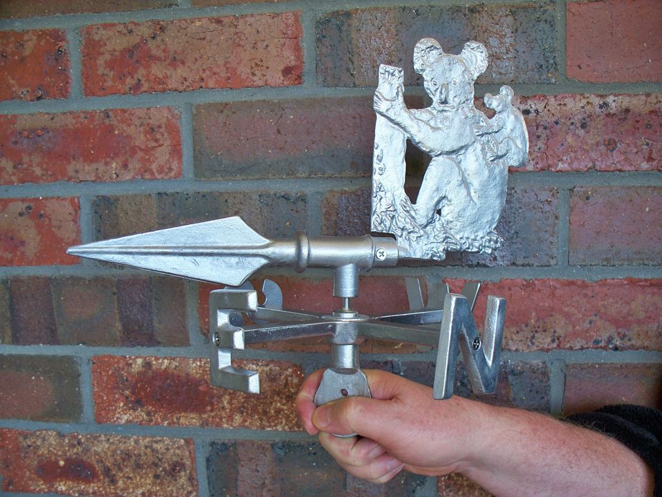 Hand-cast koala and baby weathervane in cast aluminium