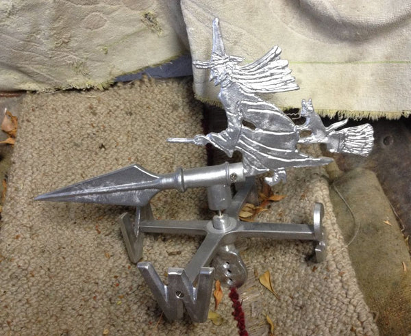 Hand-cast witch on a broom weathervane in aluminium